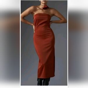 By Anthropologie Women's Medium Rust Red Strapless Cowl-Back Midi Dress New